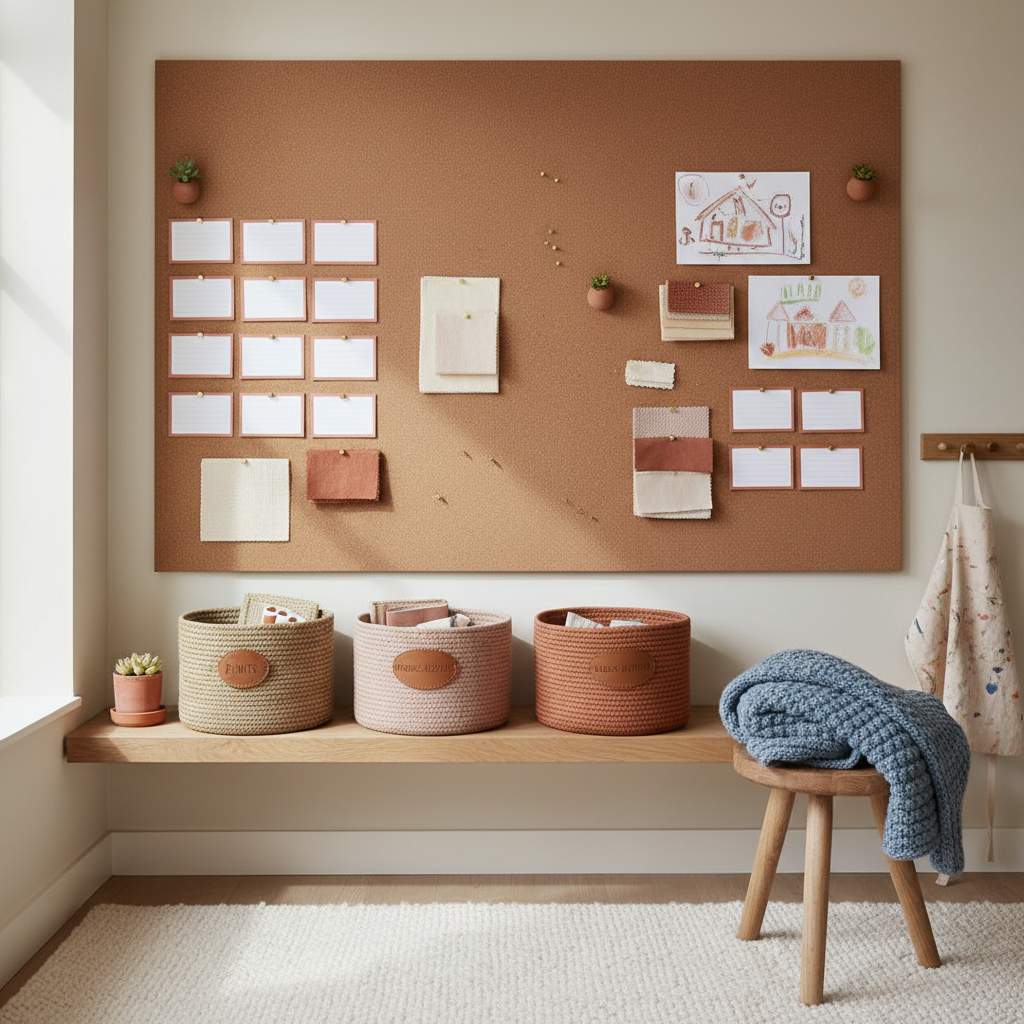 A square, softly lit photograph of an organized, elevated kid-and-grownup craft nook. A curved cork board with neatly pinned project ideas and color swatches, a low shelf styled with labeled baskets of craft supplies, and a simple wooden stool with a folded throw blanket. Palette is warm neutrals, soft blush, and muted terracotta with one pop of dusty blue, giving a chic, thoughtfully organized feel that is still playful and family-friendly.